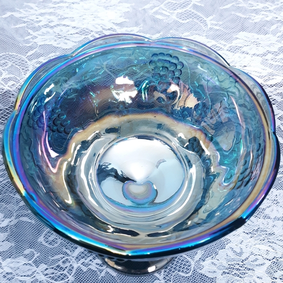 Indiana Blue Iridescent Carnival Glass Pedestal Compote Harvest Grape Purple Lid - Picture 11 of 16